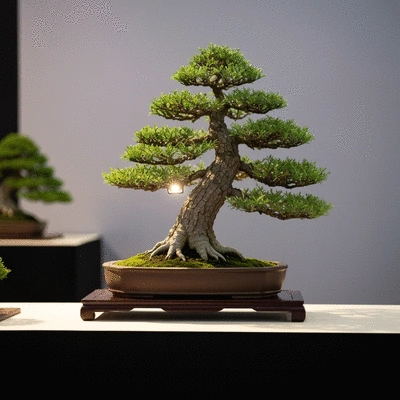 Detailed shot of a beautifully presented bonsai tree on a display stand at an exhibit, with subtle lighting highlighting its features