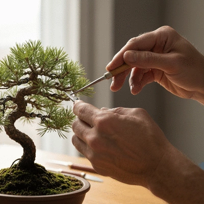 Close-up of hands carefully tending to a small bonsai tree, indoor setting, soft lighting, no text