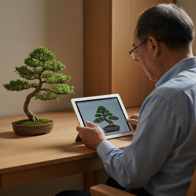 Person browsing bonsai trees on a tablet, with a small potted bonsai on the table next to them, natural light, indoors