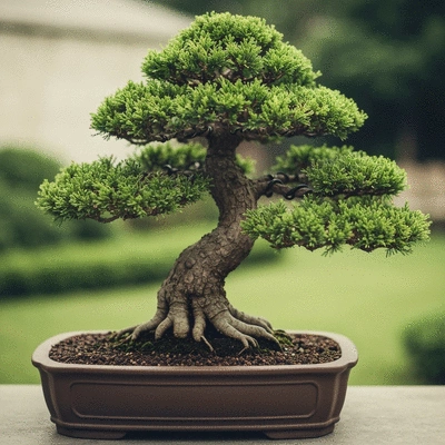 Bonsai tree being watered with a delicate stream from a small watering can, showing vibrant green leaves and healthy soil, in a bright, clean setting