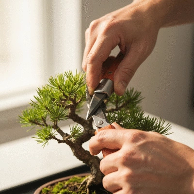 Person carefully pruning a small bonsai tree
