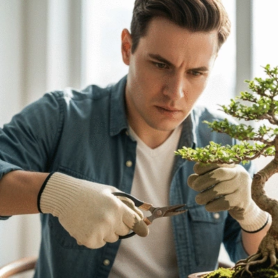 Person carefully pruning a small bonsai tree, symbolizing patience and creativity
