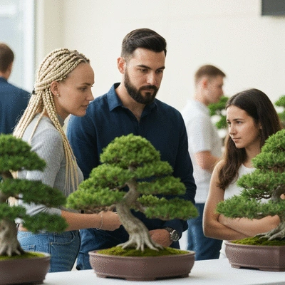 Diverse group of people admiring bonsai trees at an exhibition, natural light, no text