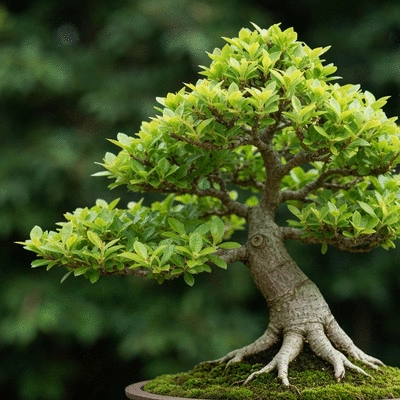 Close-up of a bonsai tree with healthy, vibrant green leaves, showcasing meticulous care and growth, set against a blurred natural background