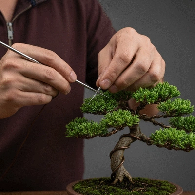 A bonsai artist meticulously applying advanced wiring to a small tree, showcasing detailed work