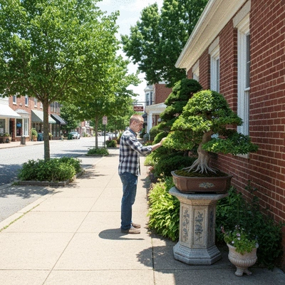 Visitors at a bonsai exhibit engaging with an interactive display, learning about bonsai cultivation with clear signage
