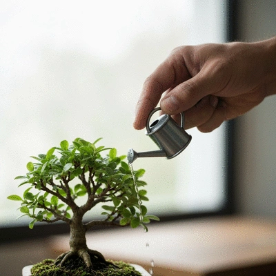 Close-up of a hand gently watering a small, healthy bonsai tree with a miniature watering can, soft focus background