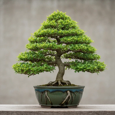 Detailed photo of a healthy bonsai tree with vibrant green leaves and visible roots, in a ceramic pot, natural light, no text, no words, no typography, 8K