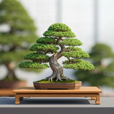 Beautiful bonsai tree on a traditional wooden exhibition stand, natural lighting, clean image