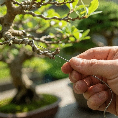 Close-up of hands applying wire to a bonsai branch, demonstrating careful wiring technique