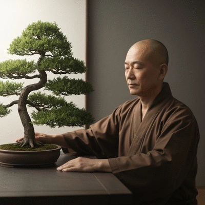 Bonsai artist meditating near a well-styled bonsai tree, depicting emotional connection and artistic expression