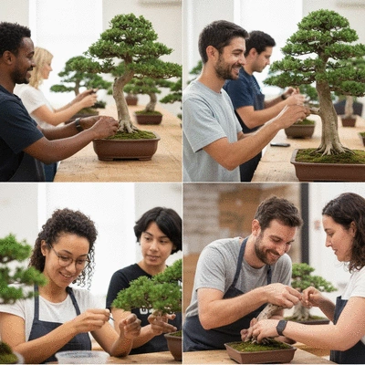 Diverse group of people engaging in a bonsai workshop, actively learning and sharing, bright and welcoming environment