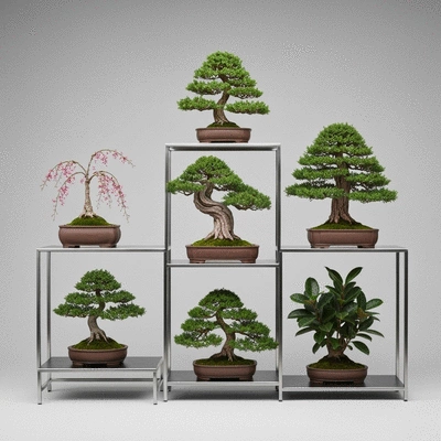 Multi-tier bonsai exhibition stand with several diverse bonsai trees, modern display, clean image