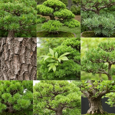 Close-up of various bonsai leaves and bark textures