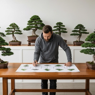 Person using a visual flowchart to identify bonsai species