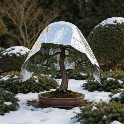 Bonsai tree with a protective cover in winter